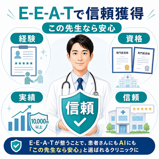 経験・資格・実績・信頼のE-E-A-T要素によって腎臓専門医への信頼を高めることを示した図解