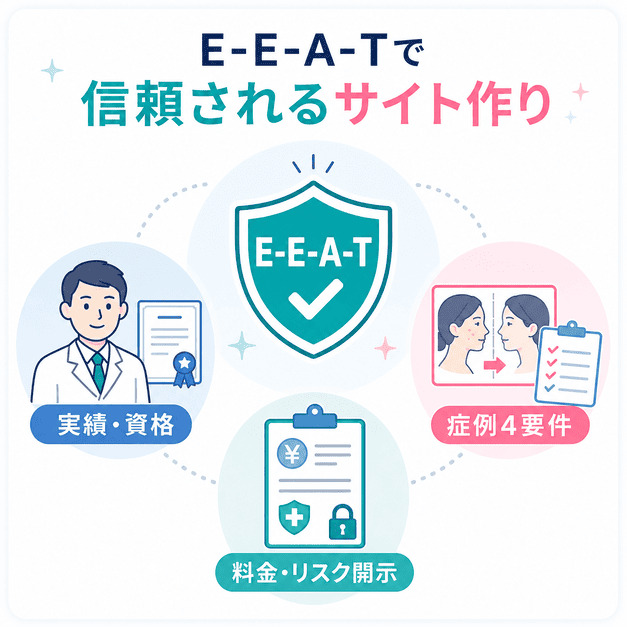 E-E-A-Tを軸に、実績や資格、症例4要件、料金とリスク開示で信頼される美容皮膚科サイトを作る考え方を示した図