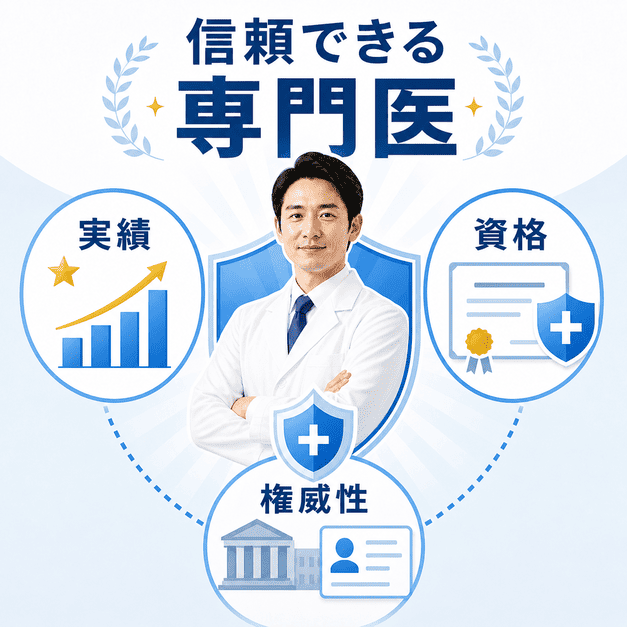 医師の実績・資格・権威性を示して信頼できる専門医として評価されるためのE-E-A-T対策を表した図