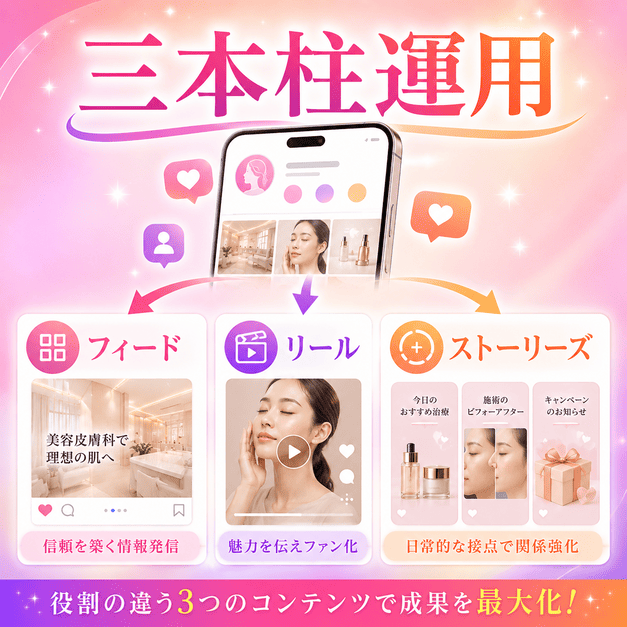 フィード、リール、ストーリーズの三本柱で美容皮膚科のInstagram投稿を組み立てるイメージ