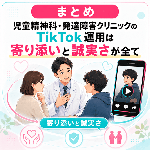 児童精神科・発達障害クリニックのTikTok運用で大切な寄り添いと誠実さを表したまとめイラスト