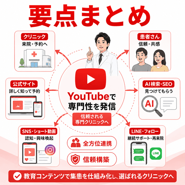 YouTubeを中心に公式サイト、SNS、AI検索、LINE、来院導線を連携させる要点まとめのイラスト