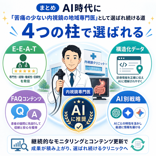 E-E-A-T・構造化データ・FAQ・AI別戦略の4つの柱で内視鏡専門医として選ばれる流れをまとめた図解