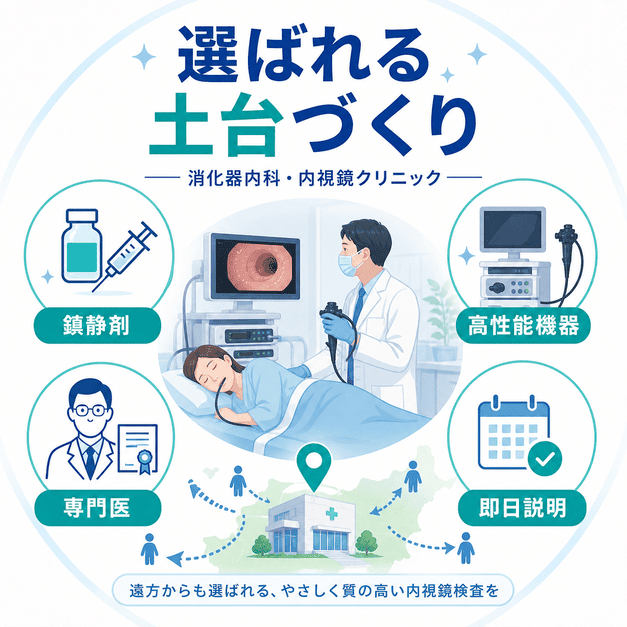 鎮静剤対応・高性能機器・専門医・即日説明を軸に、選ばれる内視鏡クリニックの土台づくりを示した図