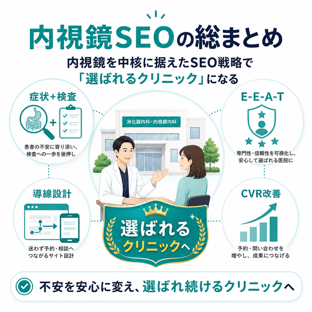 内視鏡を中心に症状と検査、E-E-A-T、導線設計、CVR改善を組み合わせて選ばれるクリニックを目指す総まとめ図