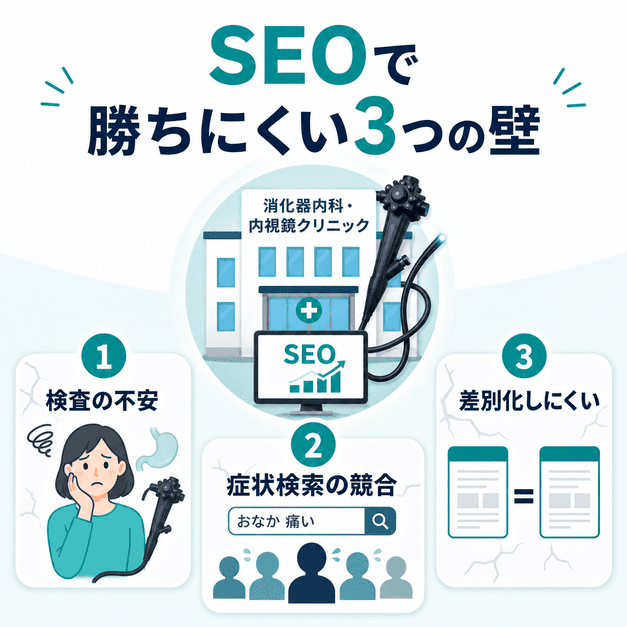 消化器内科・内視鏡クリニックがSEOで勝ちにくい理由として、検査への不安、症状検索の競合、差別化の難しさを示した図