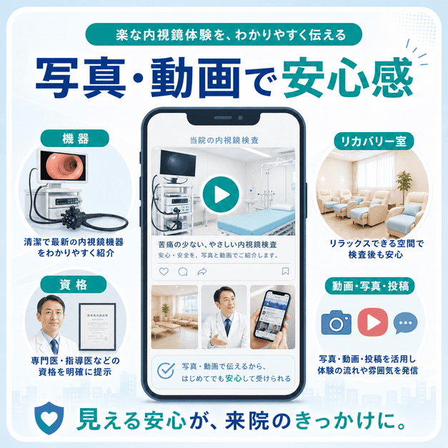 写真や動画で内視鏡機器・リカバリー室・専門医資格を見せて安心感を伝える図