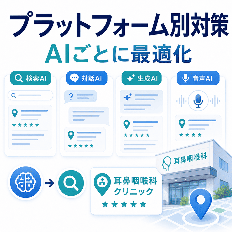 検索AIや対話AIなど複数のAIプラットフォームに合わせて耳鼻咽喉科情報を最適化するイラスト