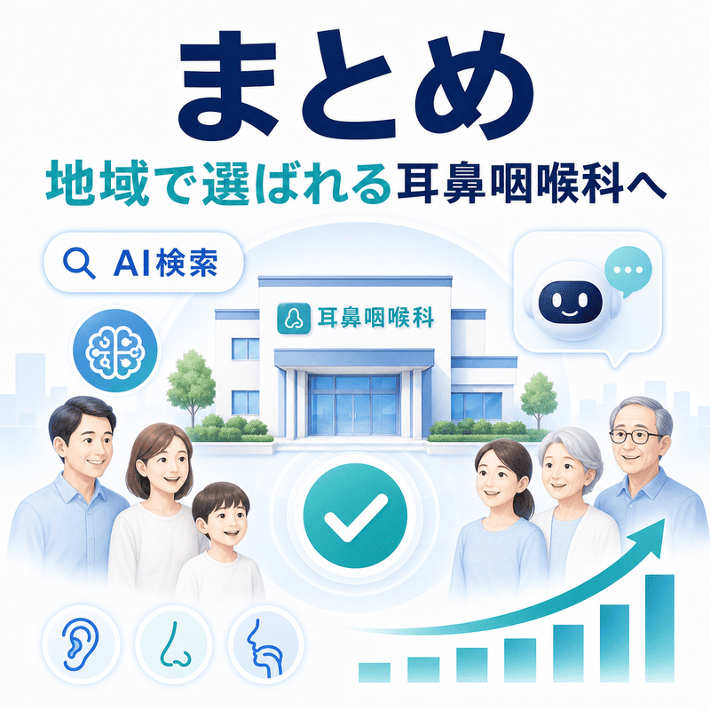 AI検索時代に地域で選ばれる耳鼻咽喉科クリニックへ成長する流れを示した補足イラスト