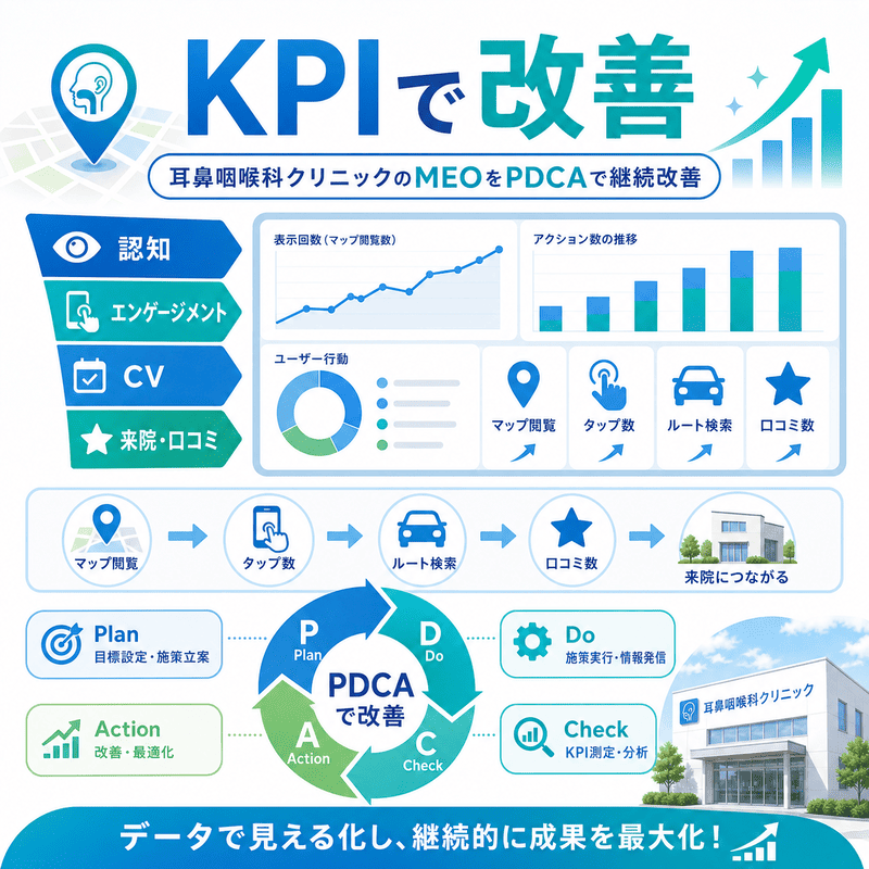 MEO施策の認知・エンゲージメント・CV・口コミをKPIで測定し、PDCAで改善する流れ