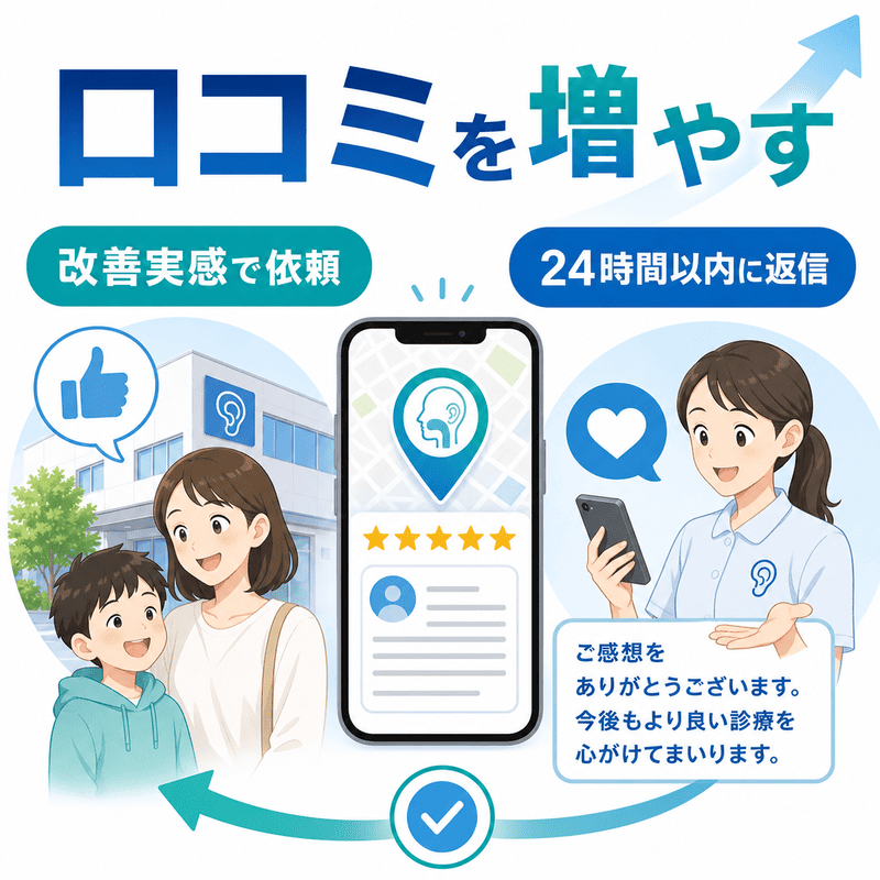 患者の改善実感に合わせて口コミを依頼し、24時間以内に丁寧に返信する耳鼻咽喉科の口コミ対策