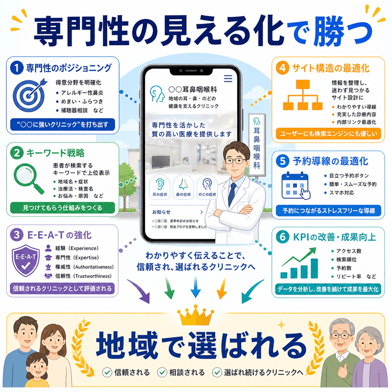 専門性のポジショニング、キーワード戦略、E-E-A-T、サイト構造、予約導線、KPI改善で地域に選ばれる耳鼻咽喉科を目指す図
