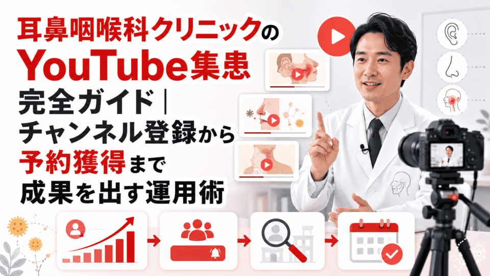 耳鼻咽喉科クリニックの医師が動画配信を行い、チャンネル登録から予約獲得までのYouTube集患導線を表したイメージ