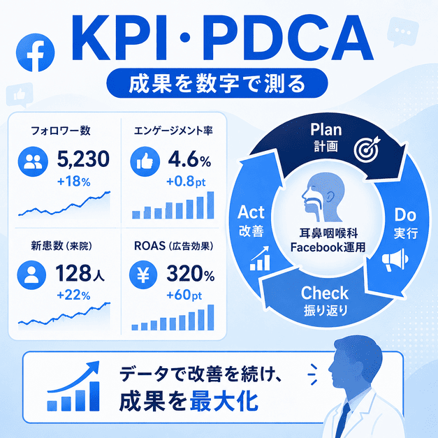 耳鼻咽喉科Facebook運用の成果をKPIダッシュボードとPDCAサイクルで改善する様子を示したイラスト