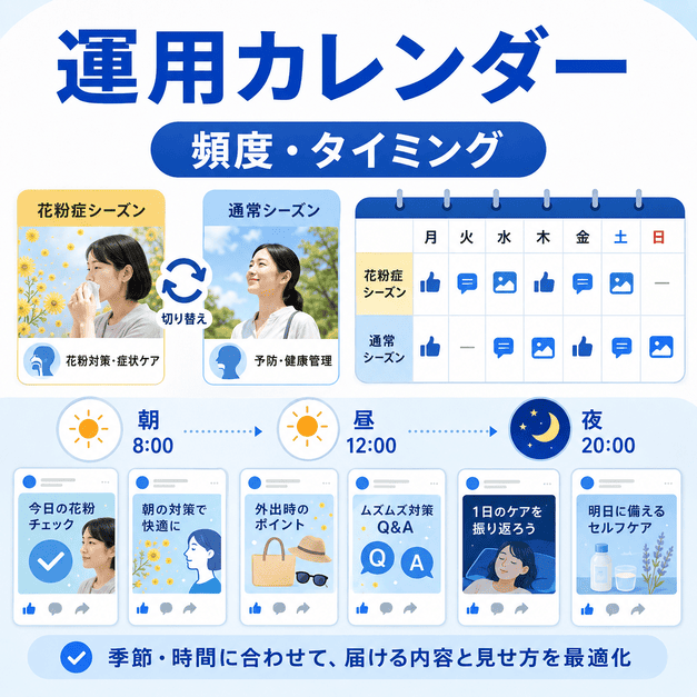 花粉症シーズンと通常期で投稿頻度や配信時間、ビジュアルを切り替える運用カレンダーのイラスト