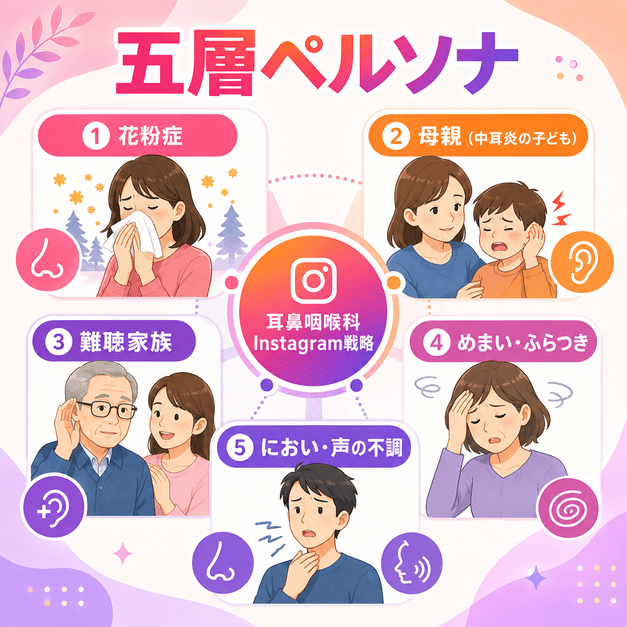 花粉症、母親と中耳炎の子ども、難聴家族、めまい、においと声の不調を五層ペルソナとして整理したイラスト