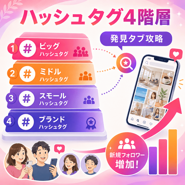 Instagram集患で使うビッグ・ミドル・スモール・ブランドのハッシュタグ4階層と発見タブ攻略を表したイラスト