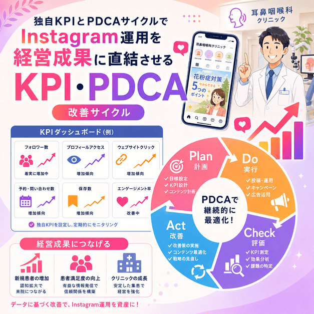 耳鼻咽喉科クリニックのInstagram運用をKPIダッシュボードとPDCAサイクルで改善する様子を表したイラスト