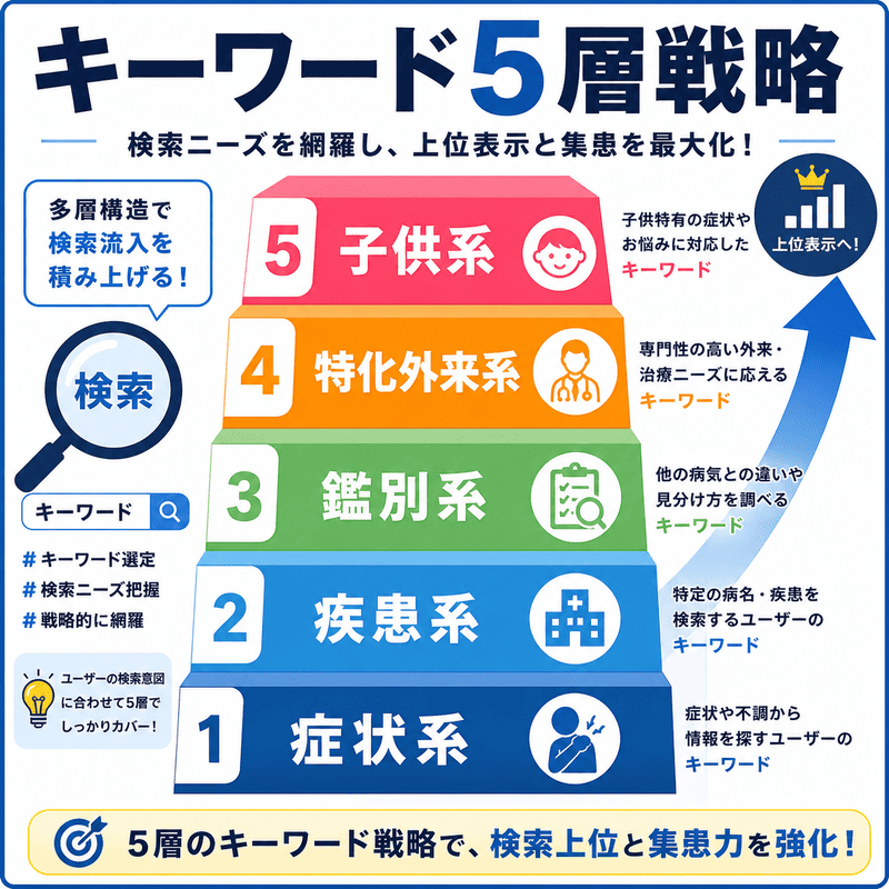 症状系・疾患系・鑑別系・特化外来系・子供系に分けた耳鼻咽喉科のキーワード5層戦略を示す図