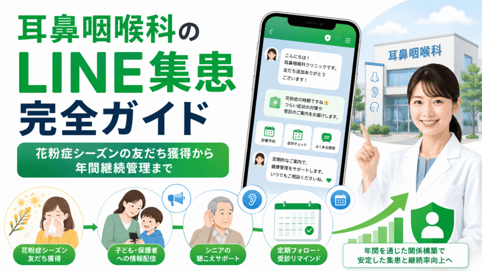 耳鼻咽喉科クリニックのLINE集患完全ガイドを表す、花粉症シーズンの友だち獲得から年間継続管理までを示したアイキャッチ画像