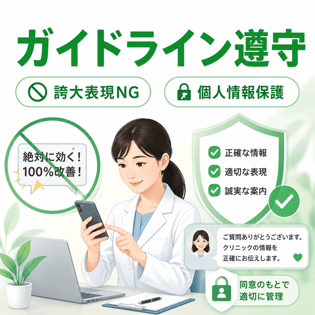 医療広告ガイドラインとLINEポリシーを守り、誇大表現を避けて個人情報を保護するLINE配信のイラスト