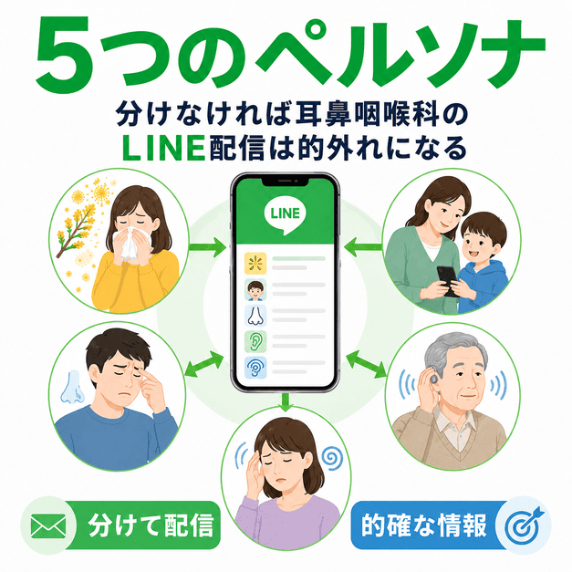 花粉症、小児中耳炎、慢性副鼻腔炎、難聴、めまい耳鳴りの5つのペルソナに分けてLINE配信する様子を示したイラスト