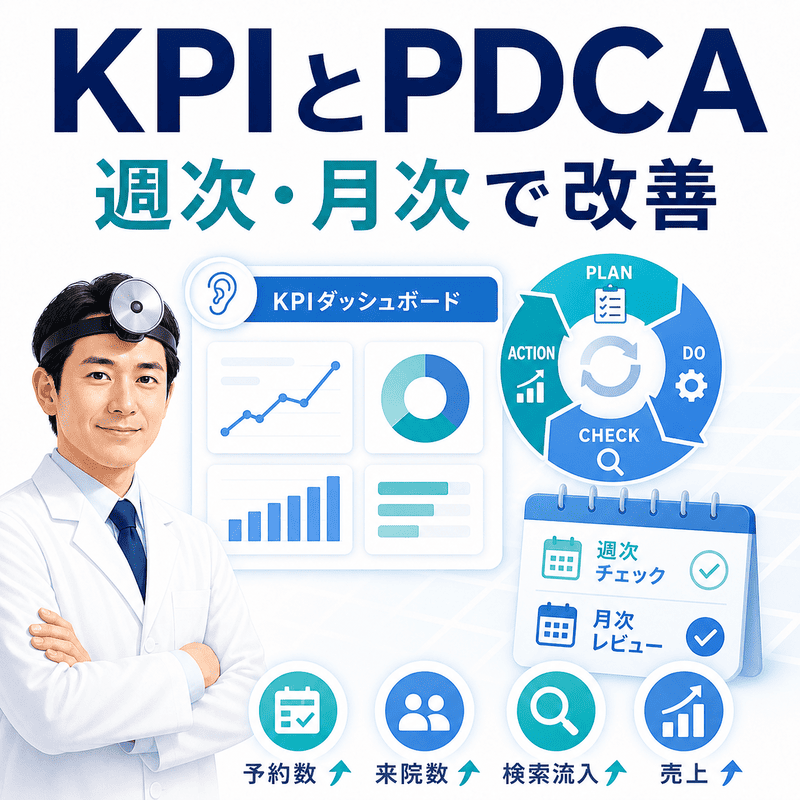 耳鼻咽喉科LLMO対策のKPIをダッシュボードで管理しPDCAを回す様子を示したイラスト