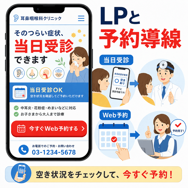 耳鼻咽喉科のLPで当日受診やWeb予約を分かりやすく案内し、予約完了へつなげる導線を示したイラスト