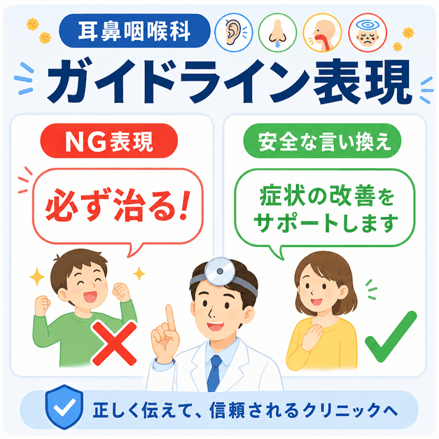 耳鼻咽喉科の医療広告で避けたい断定表現と、安全な言い換え表現を比較したイラスト