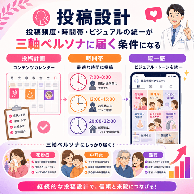 投稿カレンダー、最適な時間帯、統一されたビジュアルで三軸ペルソナに情報を届ける投稿設計を示したイラスト