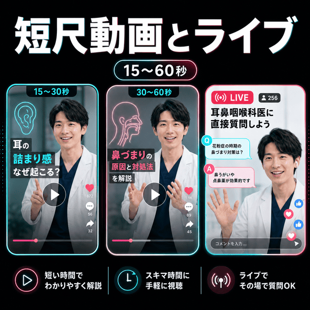 耳鼻咽喉科医が15秒から60秒の短尺動画とライブ配信で症状や治療情報をわかりやすく伝えるイメージ