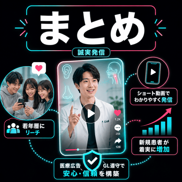 耳鼻咽喉科のTikTok集患で若年層への誠実な医療情報発信と安心できる集患導線をまとめたイメージ