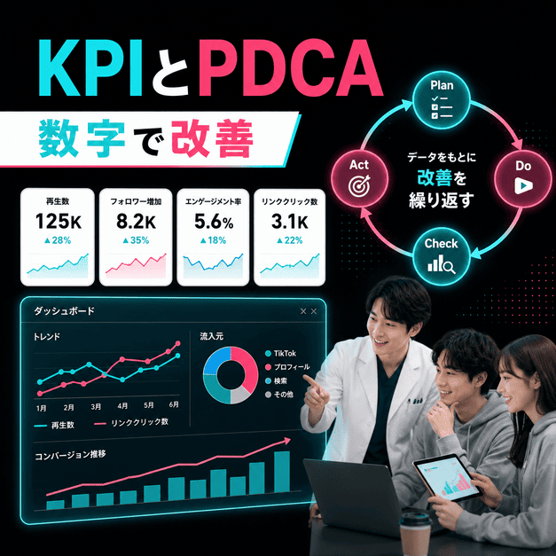 再生数、フォロワー増加、完視聴率などのKPIをダッシュボードで確認し、PDCAで改善するイメージ