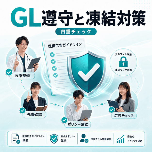 医療広告ガイドラインとTikTokポリシーを確認し、四重チェックでアカウント凍結リスクを防ぐイメージ