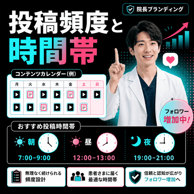 耳鼻咽喉科クリニックが投稿頻度、朝昼夜の投稿時間帯、院長ブランディングを設計してフォロワーを増やすイメージ