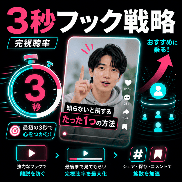冒頭3秒のフック、完視聴率、保存やシェアを意識してFor Youページ掲載を狙う動画戦略のイメージ