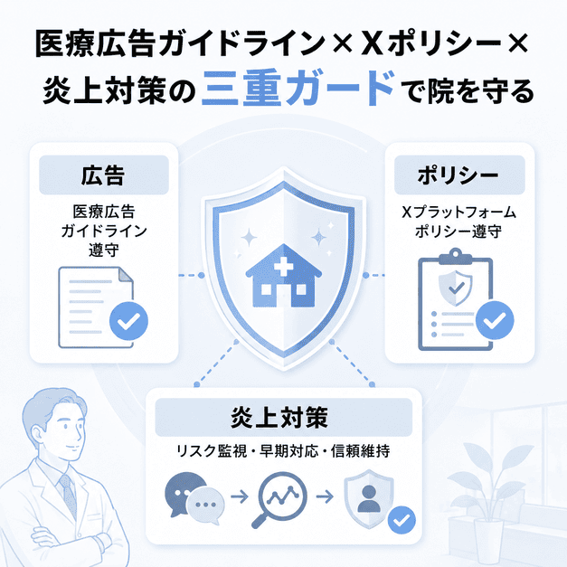 医療広告ガイドライン・Xポリシー・炎上対策の三重ガードでクリニックを守るイメージ