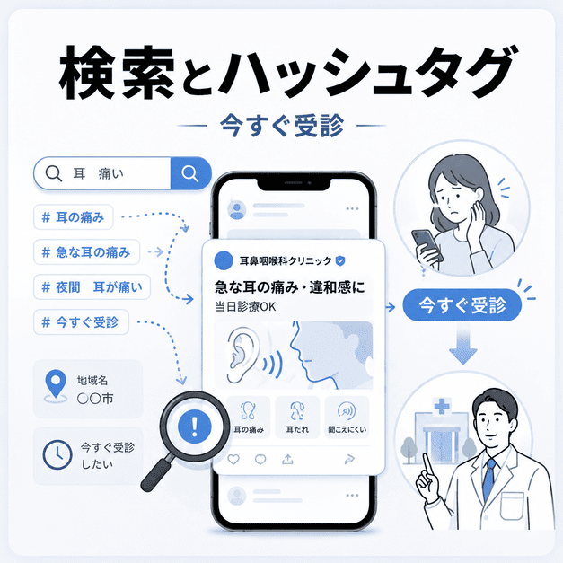ハッシュタグとリアルタイム検索から耳の痛みなどで今すぐ受診したい患者へ届くイメージ