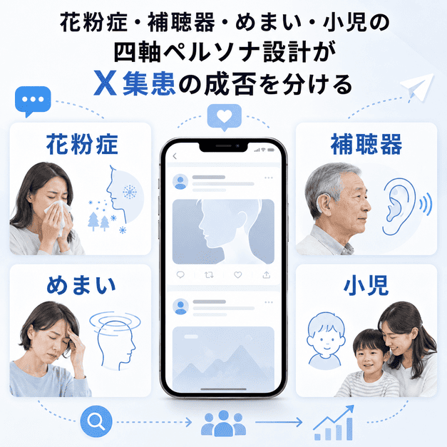 花粉症・補聴器・めまい・小児の患者層を分けてX運用のペルソナ設計を行うイメージ