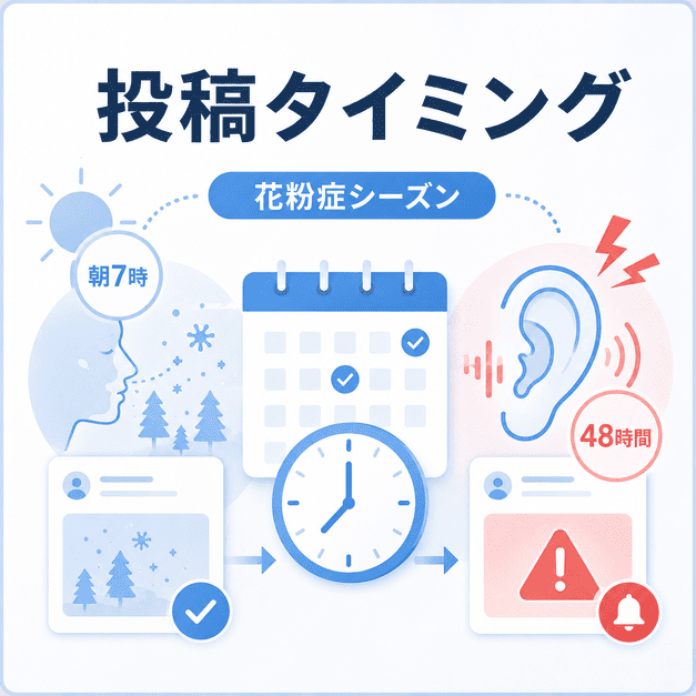 花粉症シーズンの定時配信と突発性難聴の48時間ルールを投稿タイミングで管理するイメージ