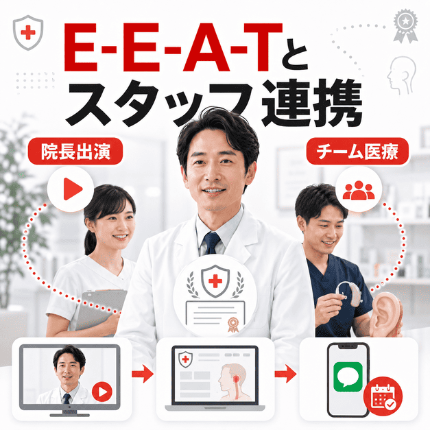 院長のE-E-A-T訴求と看護師・補聴器専門スタッフの連携により、専門性と信頼感を高めるイメージ