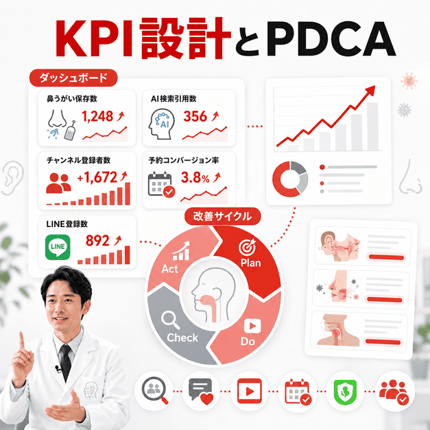 鼻うがい保存数やAI検索引用数などのKPIをダッシュボードで管理し、PDCAで改善するイメージ