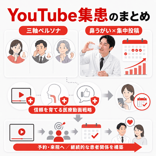 三軸ペルソナ、鼻うがいデモ、シーズン集中投稿を組み合わせて予約や継続的な患者関係につなげるまとめイメージ