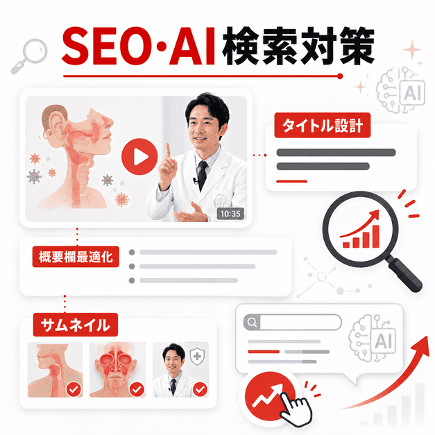 動画タイトル、概要欄、サムネイルを最適化し、SEOとAI検索に強いYouTube運用を行うイメージ