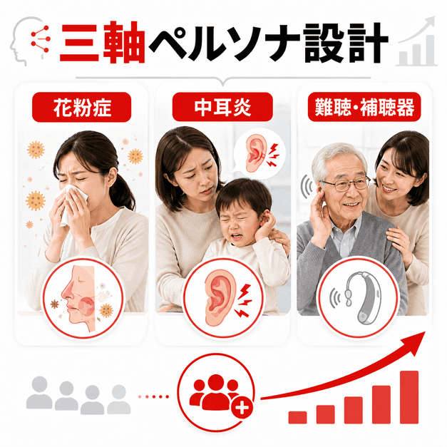花粉症・中耳炎・難聴補聴器の三軸ペルソナを整理し、チャンネル登録者の増加につなげるイメージ