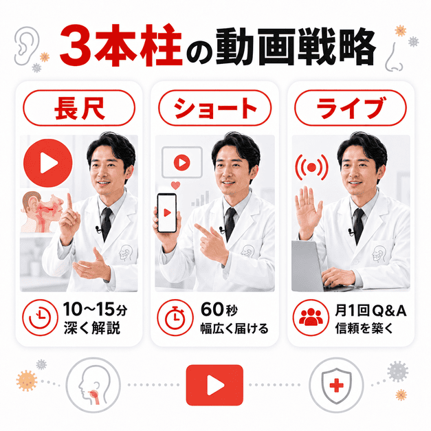 長尺動画・ショート動画・ライブ配信の3本柱で耳鼻咽喉科クリニックの信頼を高める動画戦略のイメージ