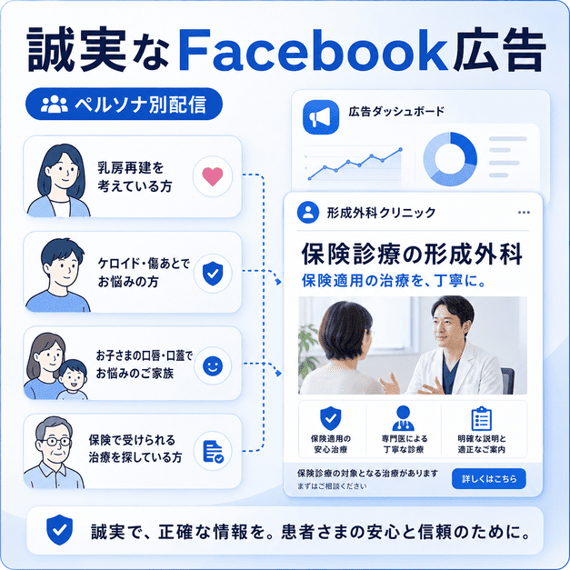 保険診療の形成外科であることを明示し、ペルソナ別に誠実なFacebook広告を配信するイメージ