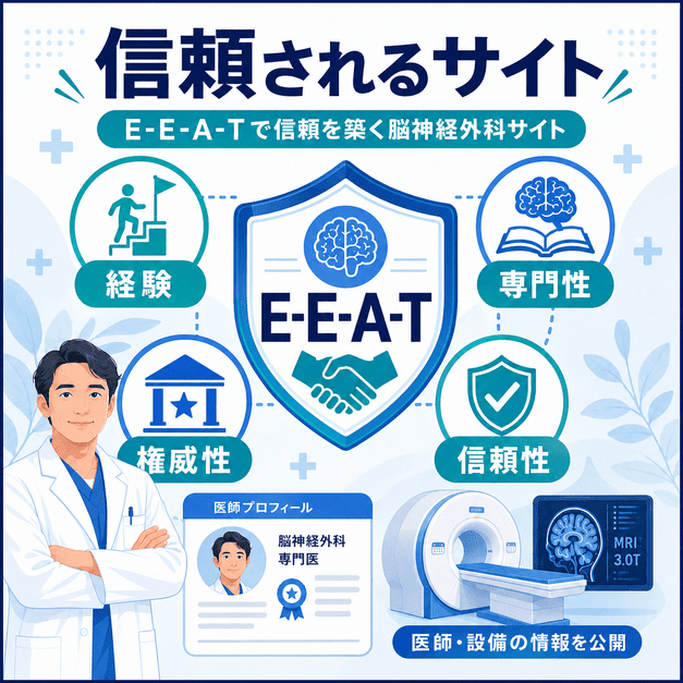 E-E-A-Tを軸に脳神経外科サイトの信頼性を高める要素を示した図