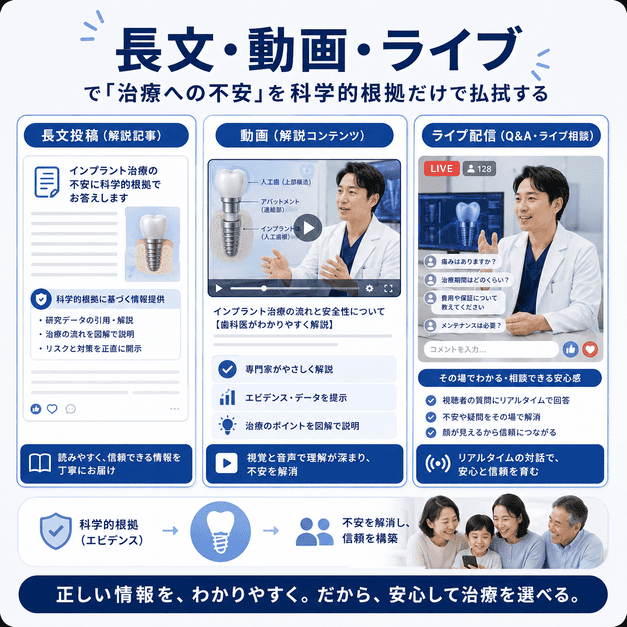 長文投稿・動画・ライブ配信でインプラント治療への不安を科学的根拠に基づいて解消する流れを示した図解