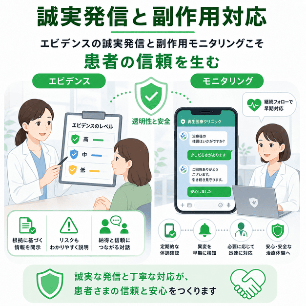 エビデンスの誠実な説明と副作用モニタリングによって患者の安心と信頼を高める様子を示したイラスト